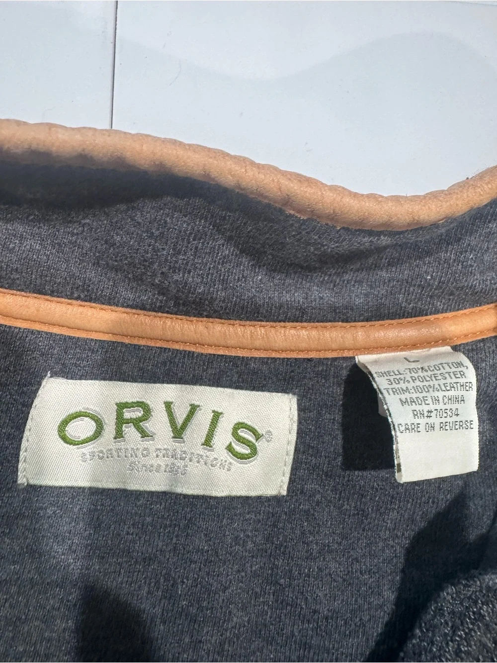 Orvis Men's Charcoal Half-Zip Sweater with Tan Elbow Patches Large